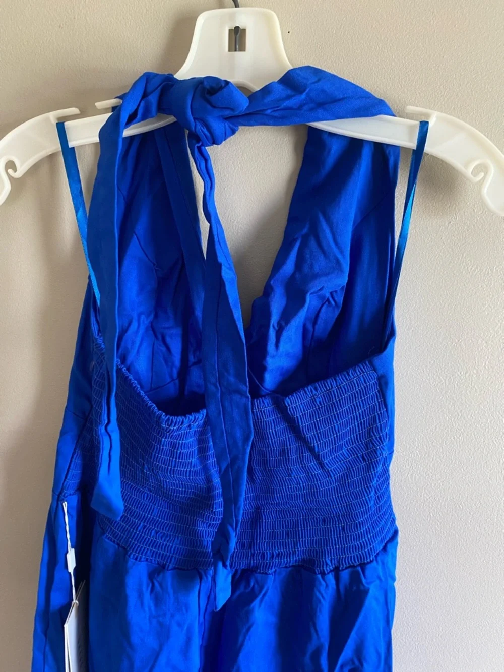 Deep Blue Halter Midi Dress with Gold Embroidered Hem - Picture 6 of 11